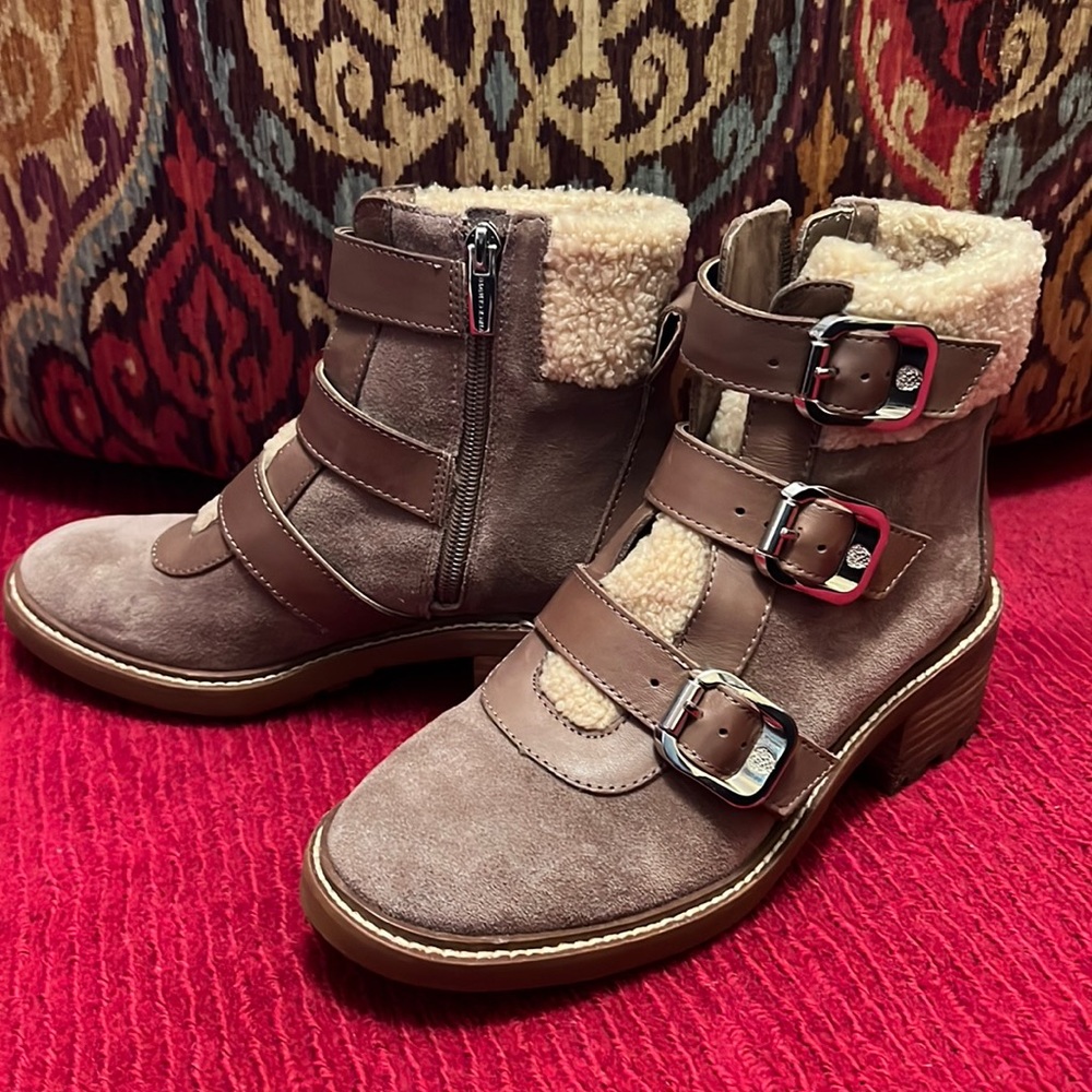 6.5, worn once, Vince Camuto Klerica Leather and Faux Fur Moto/Hiker Boot, Taupe